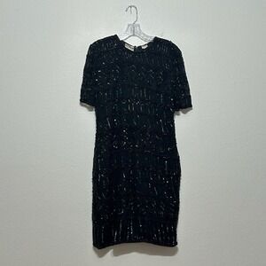 Scala Milano Paris LA Black Beaded Short Sleeve Dress 100% Silk Womens Size‎ L